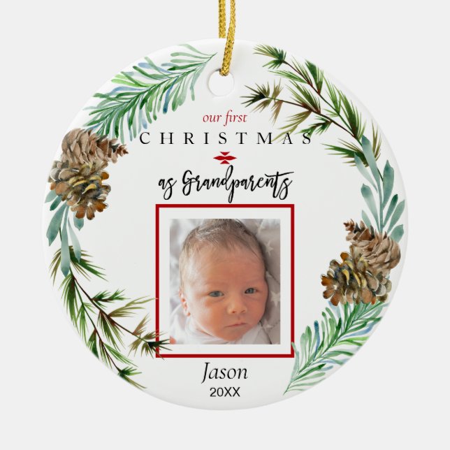 Our 1st Christmas As Grandparents Child Name Photo Ceramic Ornament (Front)
