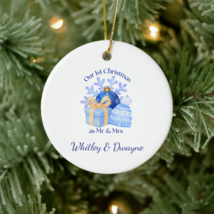 Our 1st Christmas Blue Present Snowflake Ceramic Ornament