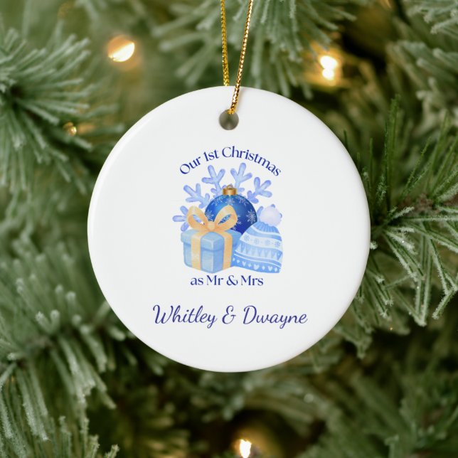 Our 1st Christmas Blue Present Snowflake Ceramic Ornament (Tree)