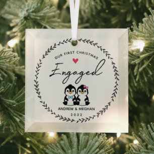 Our 1st Christmas Engaged Penguin Glass Tree Decoration