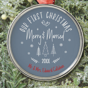 "Our 1st Christmas Married" White Quote Name Metal Ornament