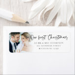 Our 1st Christmas Mr Mrs Photo Name Return Address Return Address Label<br><div class="desc">Our 1st Christmas Mr Mrs Photo Name Return Address. Great addition to your festive mailings celebrating your first married Christmas! A playful set script for Our First Christmas and the rest of the text is easy to personalise. Replace the sample photo with your own. A gradient overlay layer is on...</div>