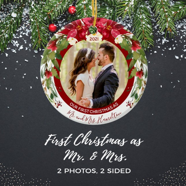 Our 1st Christmas Mr Mrs Photo Poinsettia Floral Ceramic Ornament (Creator Uploaded)