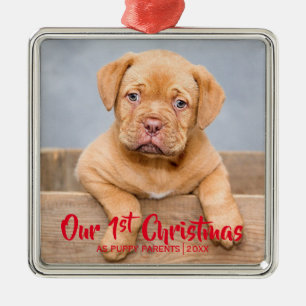 Our 1st Christmas Puppy Parents  Dog Photo  Red Metal Ornament