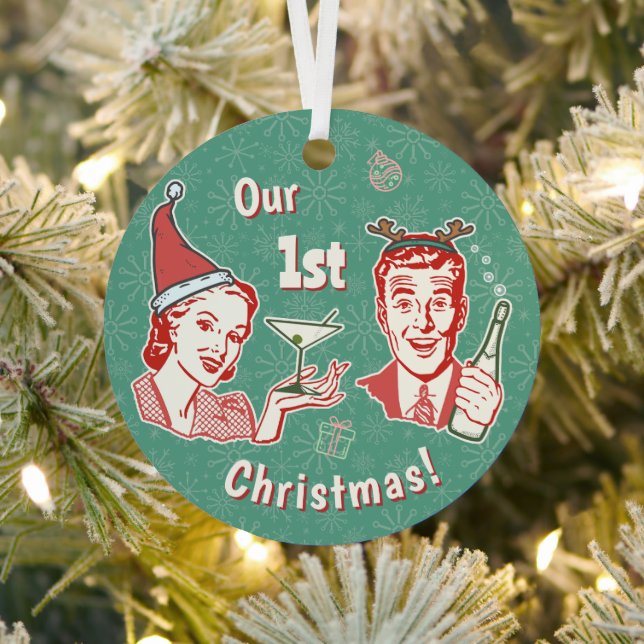 Our 1st Christmas Retro Midcentury Husband Wife Metal Tree Decoration (Insitu)