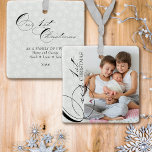 Our 1st Christmas Script Vertical Photo Snowflake Ceramic Ornament<br><div class="desc">Our First Christmas photo ornament with vertical photo, elegant calligraphy and delicate white snowflakes on a silver grey border. The photo template is ready for you to add your photo and your custom text on the back. With the exception of the handwritten text used for Our 1st Christmas, all of...</div>