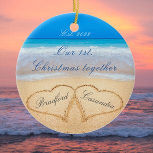 Our 1st Christmas Together. Couples Names in Heart Ceramic Ornament