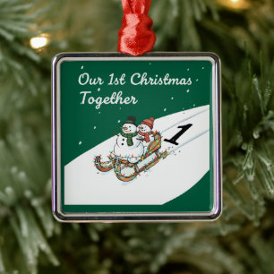 Our 1st Christmas Together Cute Snowman Couple Metal Ornament