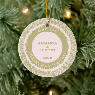 Our 1st Christmas together Gold Wreath on rose - Ceramic Ornament