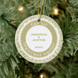 Our 1st Christmas together Gold Wreath on white - Ceramic Ornament