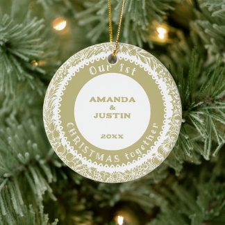 Our 1st Christmas together Gold Wreath on white - Ceramic Ornament