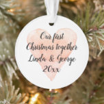 Our 1st Christmas together romantic Christmas tree Ornament<br><div class="desc">Our 1st Christmas together romantic Christmas tree Ornament with watercolor heart. Custom Holiday decorations for couple's first Christmas together. Elegant design with coral pink watercolor heart love symbol. Beautiful handwritten brush script typography template. Add your own names, date and greeting. Upload your own photo on the back optionally. Cute keepsake...</div>