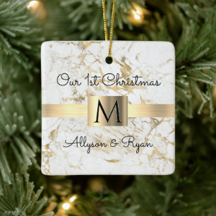 Our 1st Christmas Wh/Gold Marble Names Monogram Ceramic Ornament
