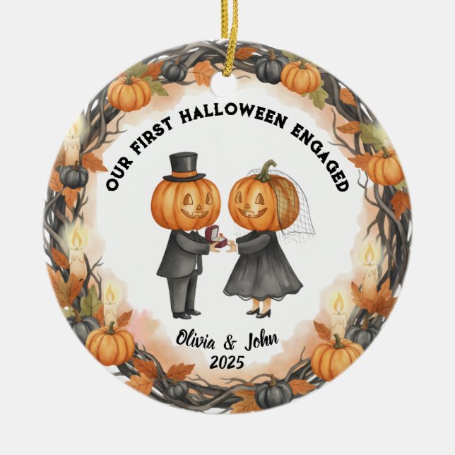 Our 1st Halloween 2025 Pumpkin Wedding with Wreath Ceramic Ornament (Front)