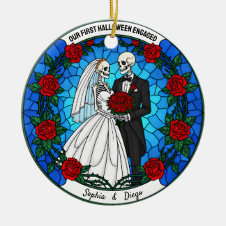 Our 1st Halloween Engaged Stained Glass Wreath Ceramic Ornament