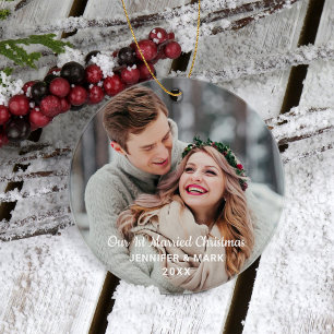 Our 1st Married Modern Wedding Photo Ceramic Ornament