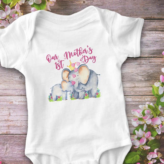 Our 1st Mothers Day Cute Mum and Baby Elephant Baby Bodysuit (First Mother's Day baby girl bodysuit with cute mommy and baby elephants)