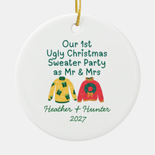 Our 1st Ugly Christmas Sweater Party as Mr & Mrs Ceramic Ornament