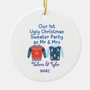 Our 1st Ugly Christmas Sweater Party as Mr & Mrs Ceramic Ornament