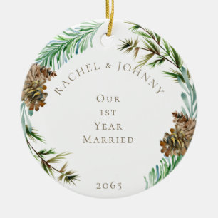 Our 1st Year Married Pine Cone Photo Ceramic Ornament