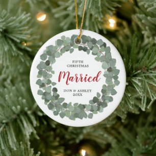 Our 5th Christmas Married Personalised Sage Green Ceramic Ornament