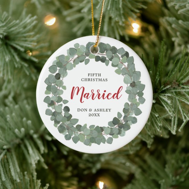 Our 5th Christmas Married Personalised Sage Green Ceramic Ornament (Tree)