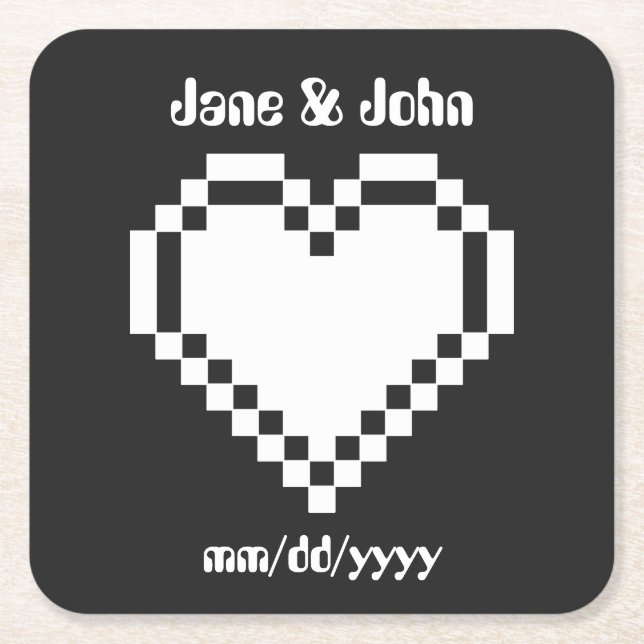 Our 8-Bit Hearts in Black Paper Coaster (Front)