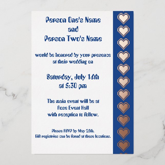Our 8-Bit Hearts in Blue Foil Invitation (Front)