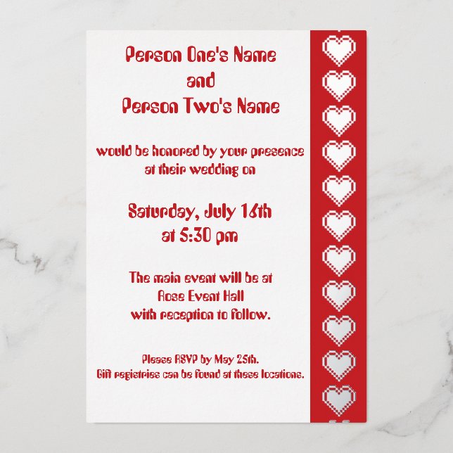 Our 8-Bit Hearts in Cherry Foil Invitation (Front)