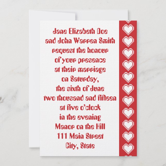 Our 8-Bit Hearts in Cherry Wedding Invitation (Front)