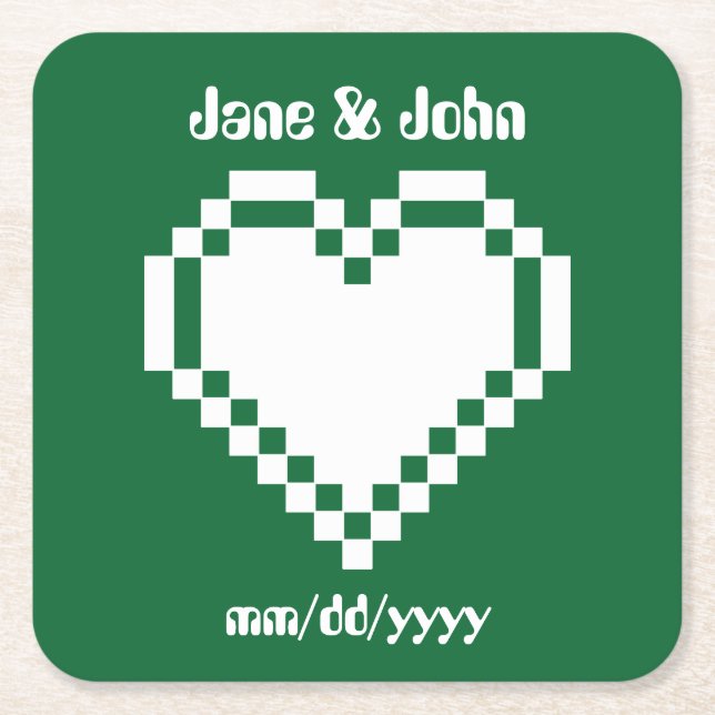 Our 8-Bit Hearts in Green Paper Coaster (Front)
