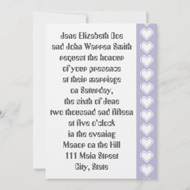 Our 8-Bit Hearts in Lavender Wedding Invitation (Front)