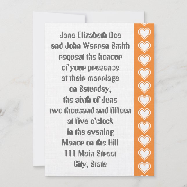 Our 8-Bit Hearts in Orange Wedding Invitation (Front)