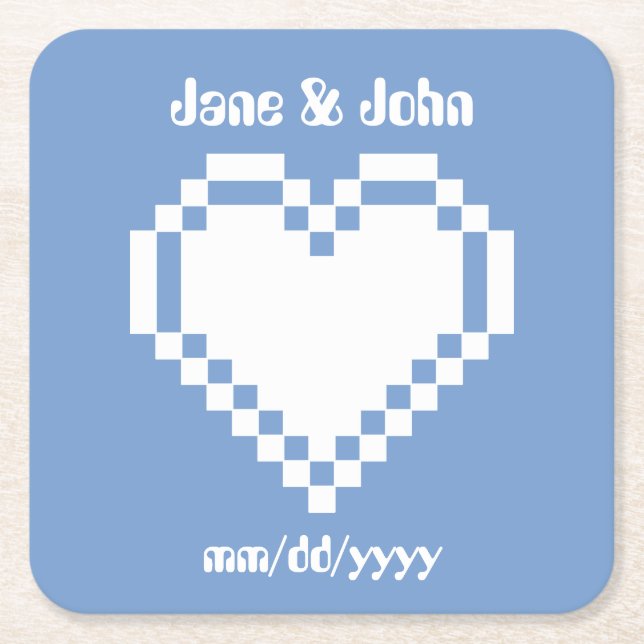 Our 8-Bit Hearts in Periwinkle Paper Coaster (Front)