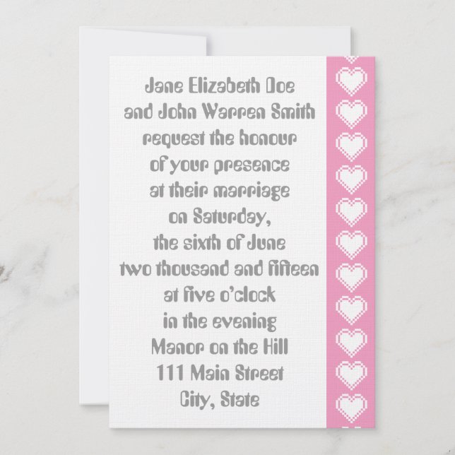 Our 8-Bit Hearts in Petal Pink Wedding Invitation (Front)