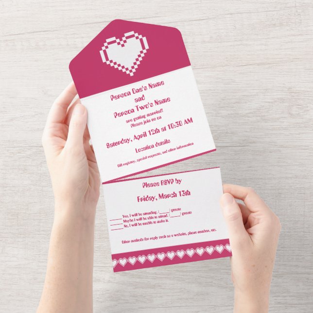 Our 8-bit Hearts in Raspberry All In One Invitation (Tearaway)