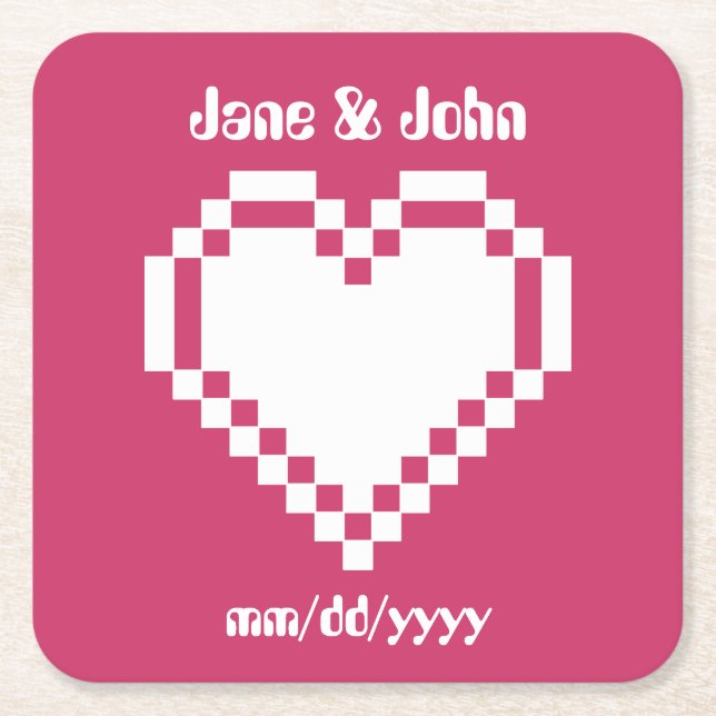 Our 8-Bit Hearts in Raspberry Paper Coaster (Front)