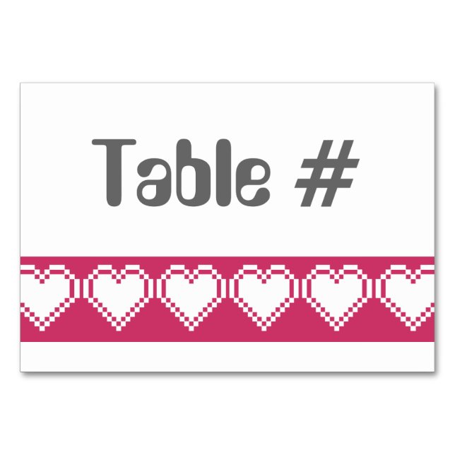 Our 8-Bit Hearts in Raspberry Table Card (Front)