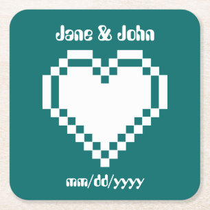 Our 8-Bit Hearts in Teal Paper Coaster