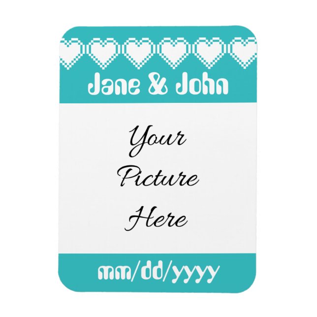 Our 8-Bit Hearts in Turquoise Save-the-Date Magnet (Vertical)
