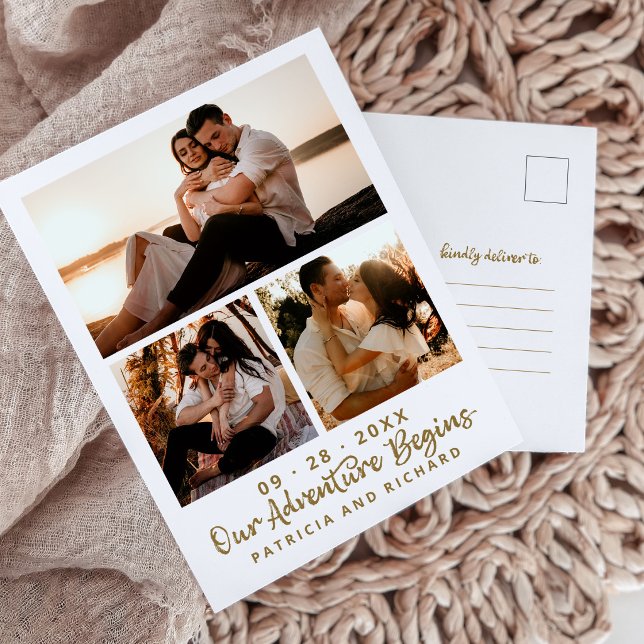 Our Adventure Begins 3 Photo Collage Save the Date Postcard (Creator Uploaded)
