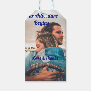 Our adventure begins add couple photo love &thanks gift tags
