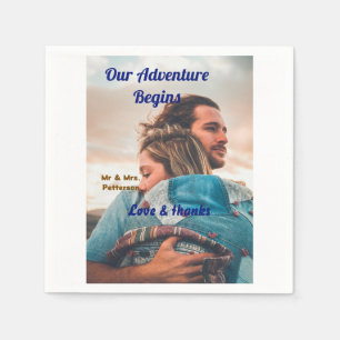 Our adventure begins add couple photo love &thanks napkin