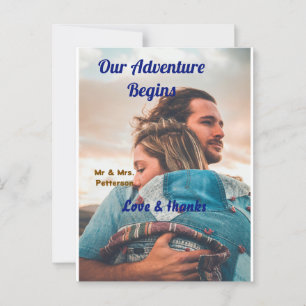 Our adventure begins add couple photo love &thanks postcard