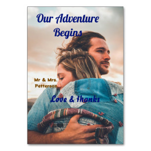 Our adventure begins add couple photo love &thanks table number