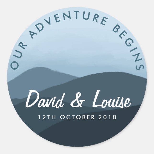 Our adventure begins blue mountain wedding sticker (Front)