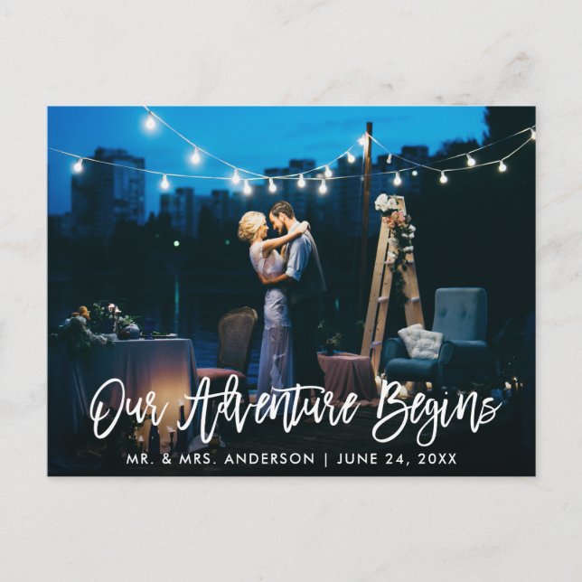 Our Adventure Begins Brush Script Wedding Thanks Postcard (Front)