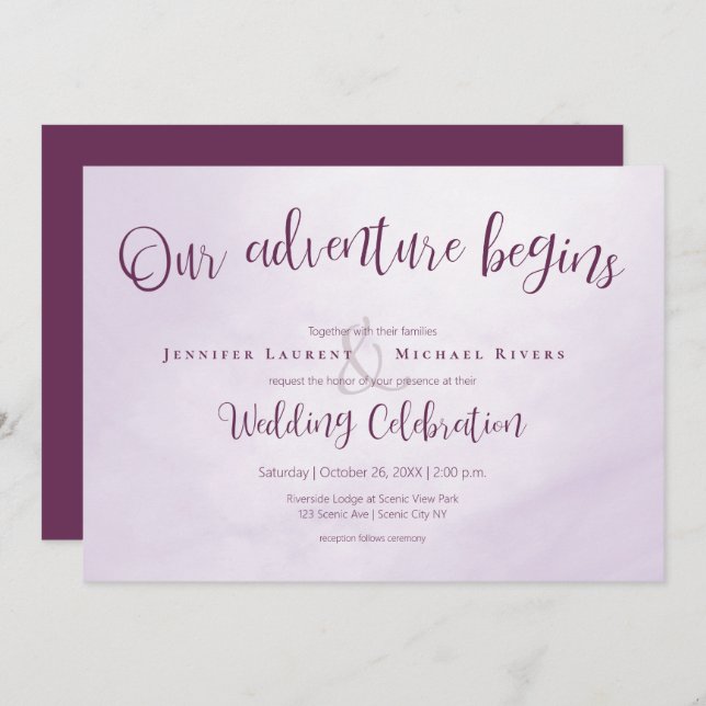 Our adventure begins calligraphy plum wedding invitation (Front/Back)