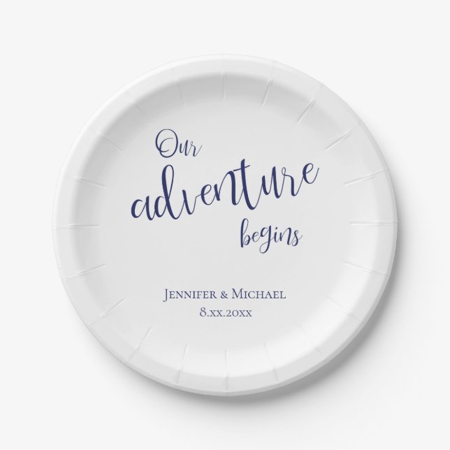 Our adventure begins dark blue typography wedding paper plate (Front)