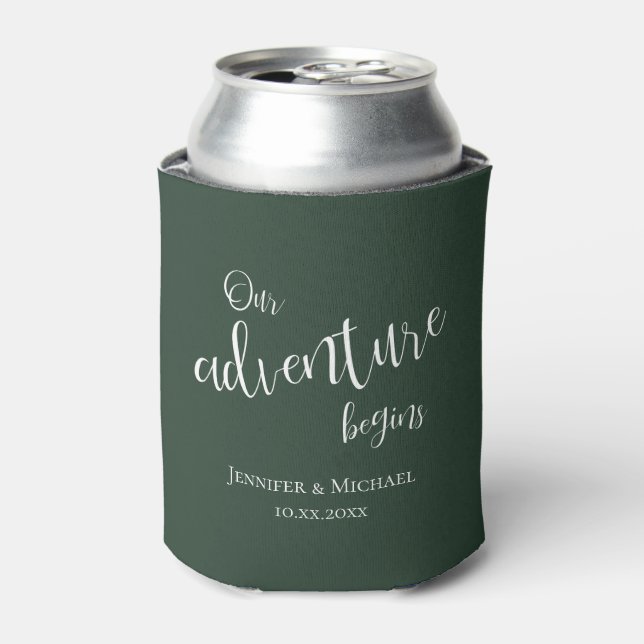 Our adventure begins evergreen any colour wedding can cooler (Can Front)